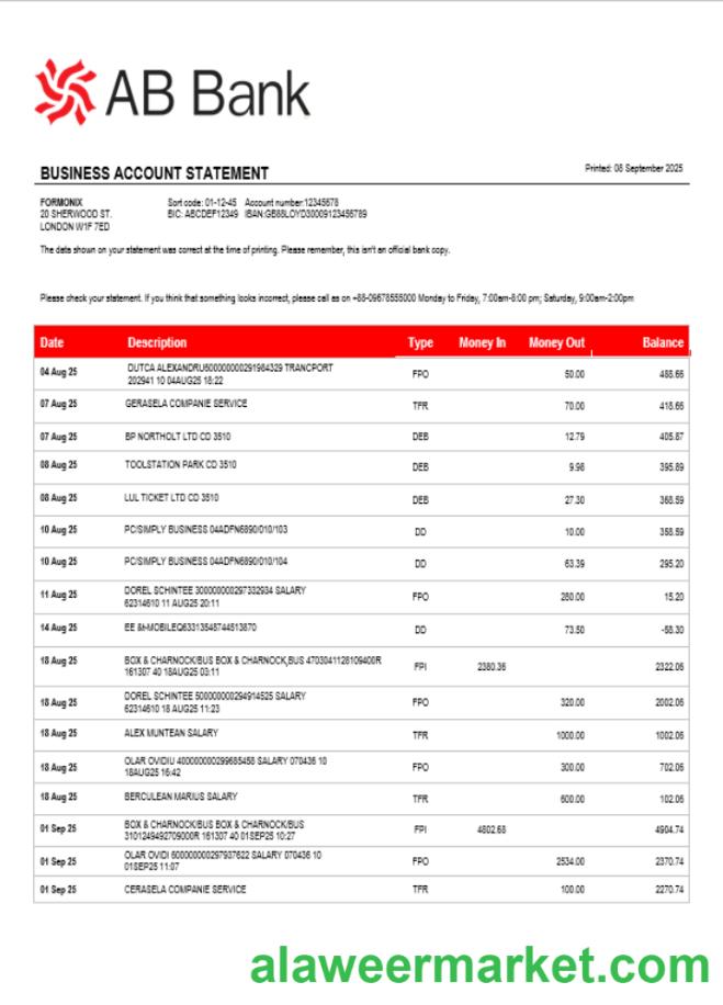 AB organization checking account statement Word and PDF template